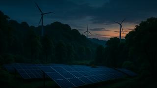 renewable energy field with solar panels and windmills