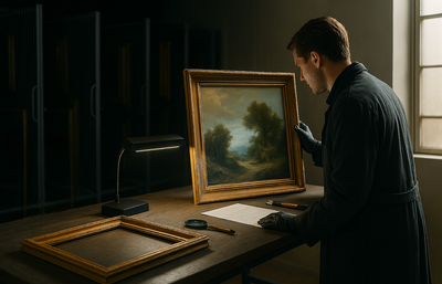 art curator looking at a painting