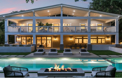 White, modern craftsman-style home with balcony, pool and fire pit at 407 Bellmore Way LLC, Pasadena